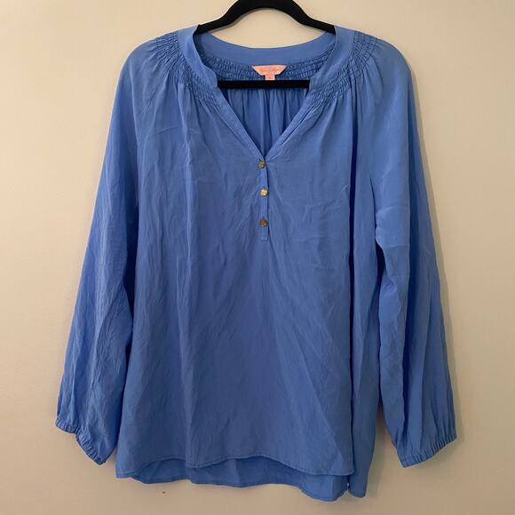 Lilly Pulitzer Blue Elsa 100% Silk Peasant Blouse Minimalist Women's size XL - Picture 1 of 10